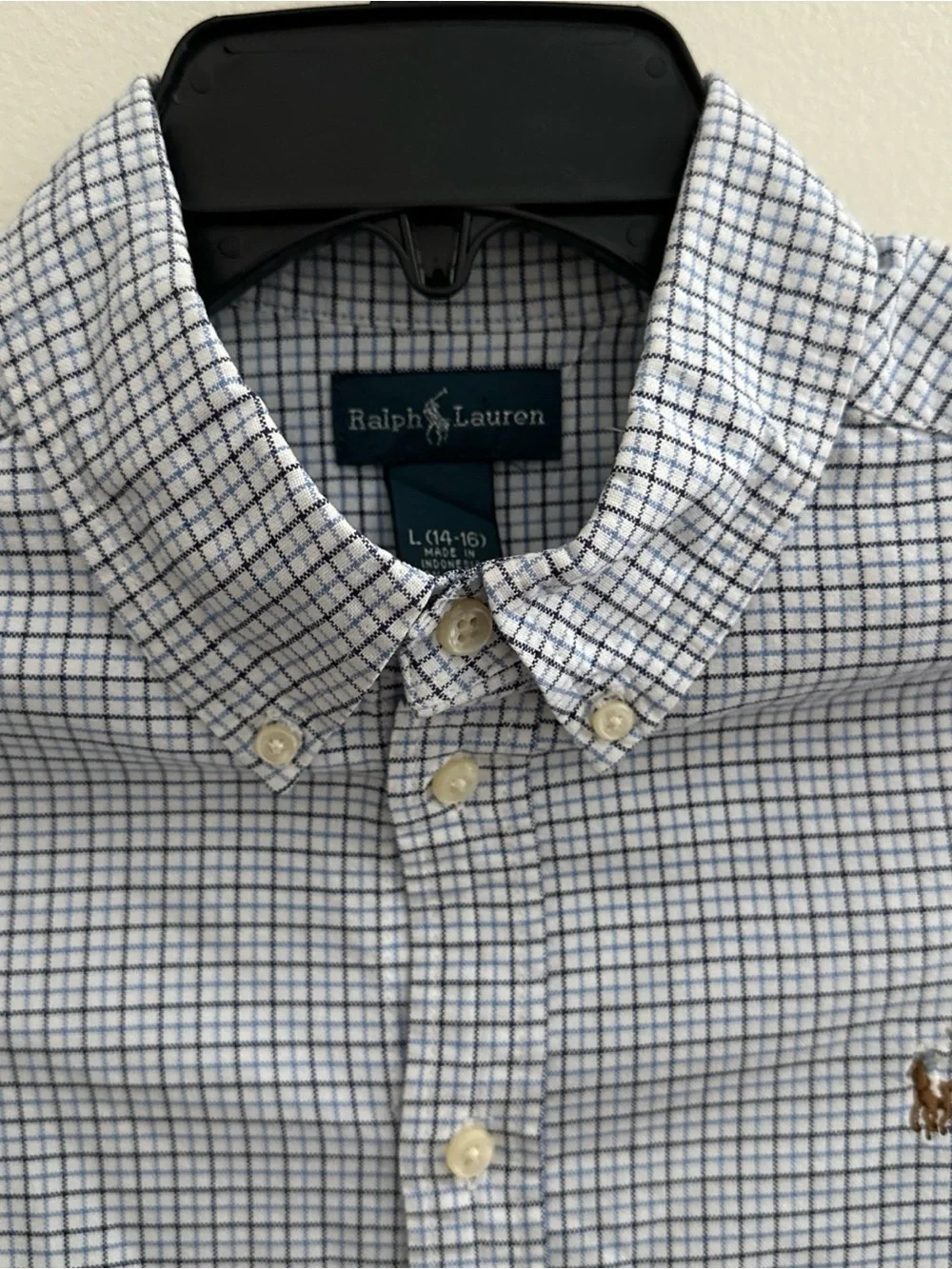 Ralph Lauren Blue Plaid Button Down Shirt Long Sleeve Youth Boys Size L (14-16)